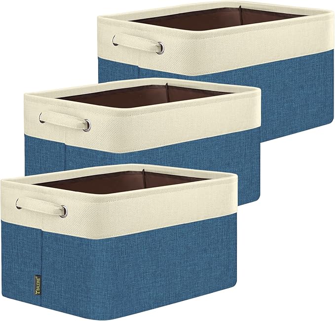BALEINE 3 Pack Fabric Storage Bins for Shelves, Linen Storage Baskets for Organizing, Decorative Closet Bins for Clothes, Home (Navy Blue, 17''x13''x10.5'')
