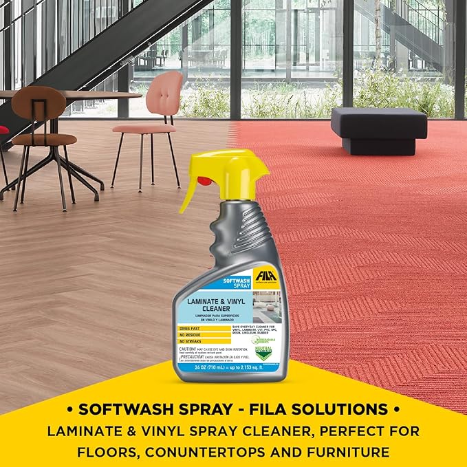 FILA Surface Care Solutions, SOFTWASH SPRAY, Laminate Floor Cleaner and Luxury Vinyl Floor Cleaner, No Rinsing Required for Floor Cleaning, Keeps SPC Floor Looking New, Does not dull Vinyl Tile, 24oz