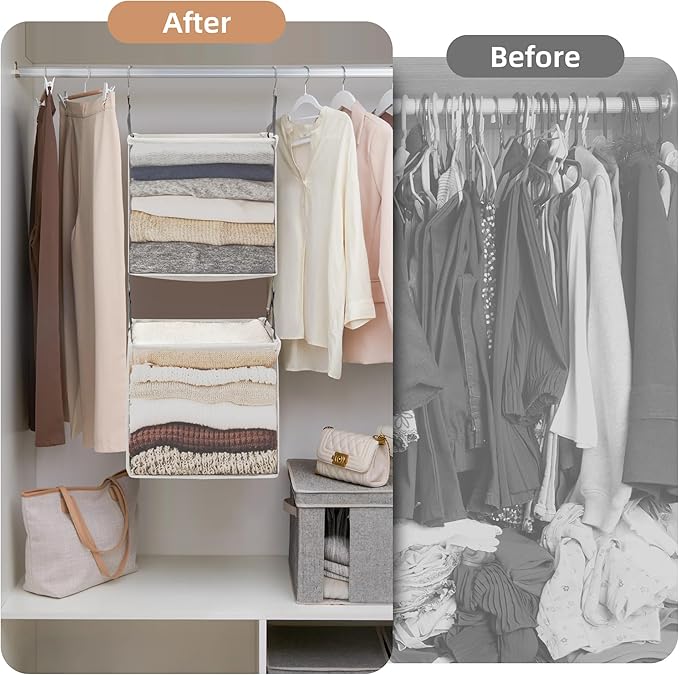STORAGE MANIAC 2-Shelf Hanging Closet Organizer, Cloth Hanging Closet Shelf, Hanging Closets Baskets with Hooks for Dorm, Apt, Bedroom, College, Garment Rack, Wardrobe, Fabric with Mesh, Ivory