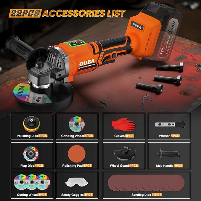Cordless Angle Grinder Power Tools, Compatible with Dewalt 20V Max Battery Grinder Tool, Brushless Motor with LED, 3 Variable Speed, 4-1/2" Cutting Whee, Flap Disc Grinding (No Battery), Orange