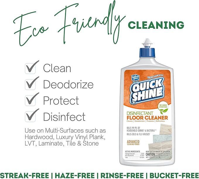 Quick Shine Disinfectant Floor Cleaner 27oz | Hospital Level Disinfectant Kills 99.9% Germs & Bacteria | Cleans w/Power of Hydrogen Peroxide & No Harsh Chemicals | Streak Free & Zero Residue