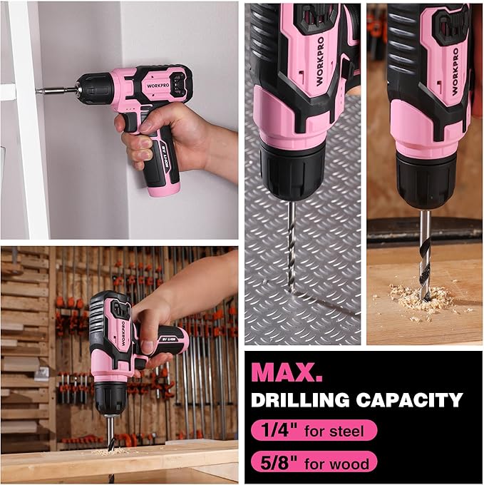 WORKPRO Pink Cordless Drill Set, 8V Impact Drill Driver with 53pcs Bit Set, 2.0Ah Electric Power Drill Kit with 3/8" Keyless Chuck and Variable Speed Trigger, Portable for DIY- Pink Ribbon