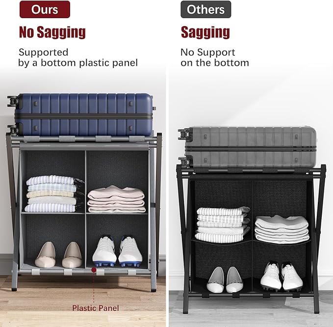 aboxoo 2 Pack Luggage Rack with storage, Guest Room Folding Suitcase Stands, Holds up to 120 lb, Space Saving Suitcase Holders for guest room, Bedroom Hotel, Grey