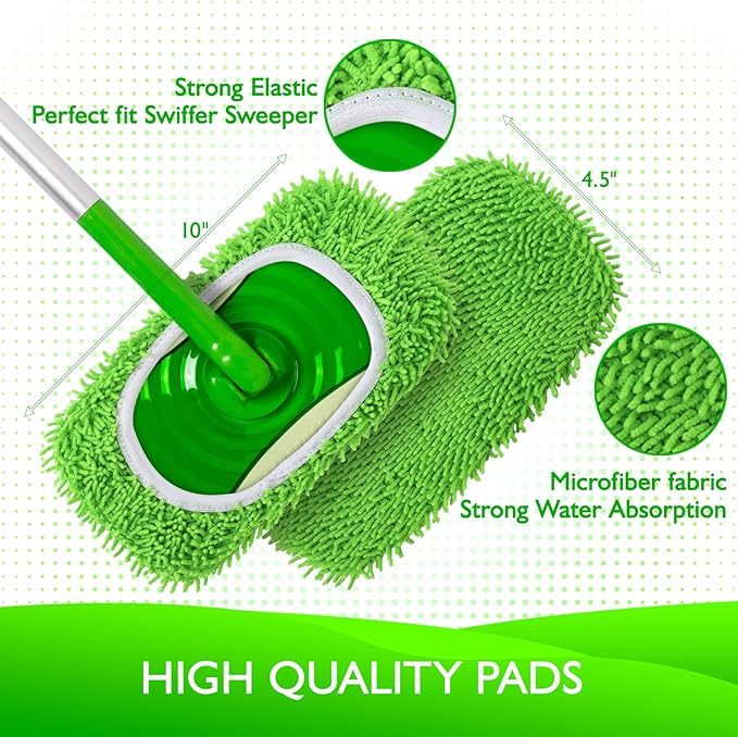 Reusable Microfiber Mop Pads Compatible with Swiffer Sweeper- 4 Pack Dry Sweeping Cloths & Wet Mopping Cloths - Chenille Washable Wet Pads Refill for Mopping Floors (Mop is not Included)