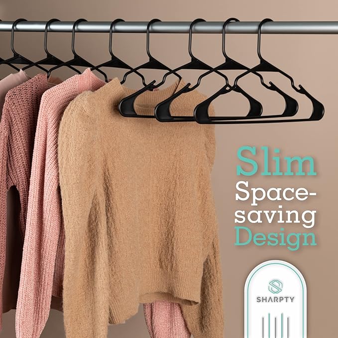 Sharpty Plastic Hangers Clothes Hangers for Clothing, Closet, Coats & Shirts - Notched, Durable & Space Saving - for Everyday Standard Use, Room Essentials & Basics - 50 Pack - Black