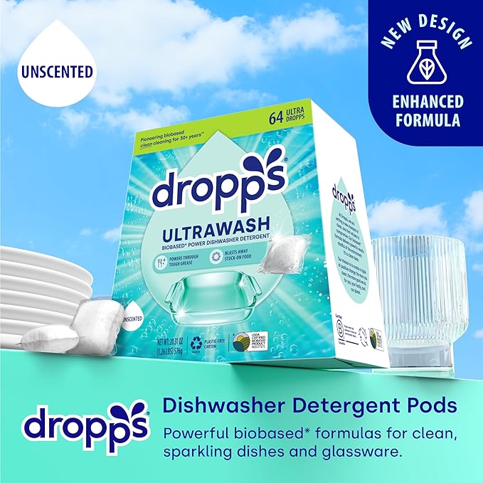 Dropps UltraWash Dishwasher Detergent Pods, Unscented (64 Ct) - Free & Clear | Cuts Grease & Stuck-On Food | Sparkling Dishes & Glasses | Residue-Free | Clean Ingredients | Plastic Free Packaging