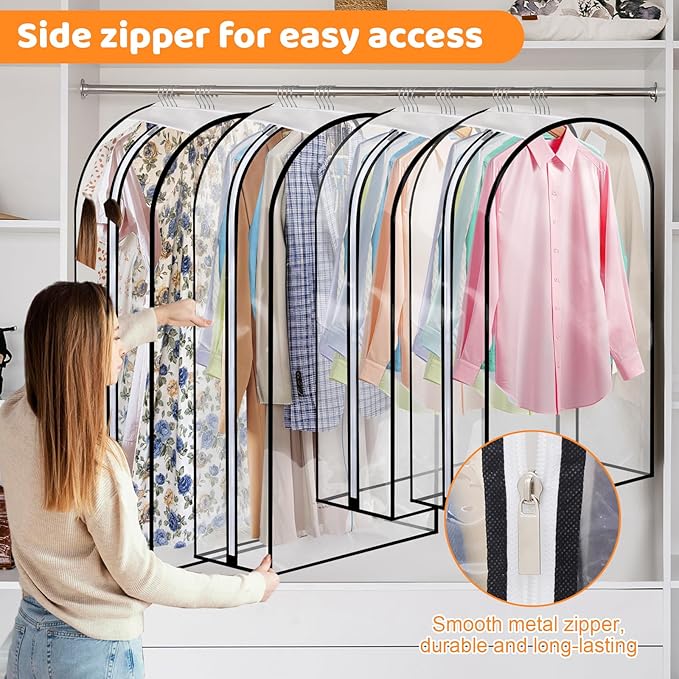 Dntorx 4 Pack Full Clear Garment Bags with Side Zipper, 40&60" Clothes Covers with 10" Gusset, Transparent Hanging Suit & Coat Covers for Closet Storage, Jackets, Dresses, Windbreakers
