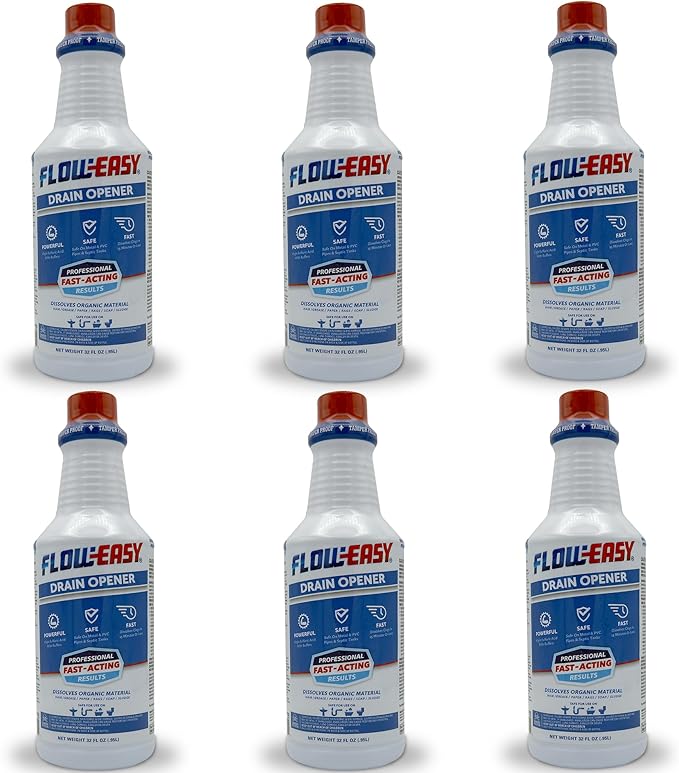 Flow-Easy Professional Virgin Sulfuric Acid Drain Opener – 6 Pack (32oz Bottles) – Fast-Acting Liquid Clog Remover for Grease, Hair, & Soap Scum – Septic Safe & Industrial Strength