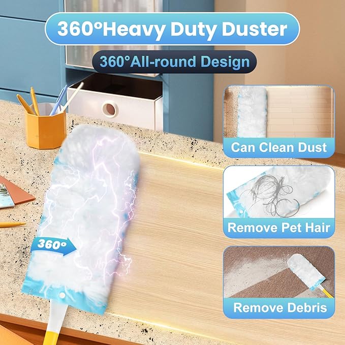 Duster Refills Compatible with Swiffer® Duster, 60 Count Heavy Duty Duster Refills with 1 Short Handle + 1 Extenda Handle, Multisurface 360° Dusters with 4X Microfibers, Unscented Dusters for Cleaning
