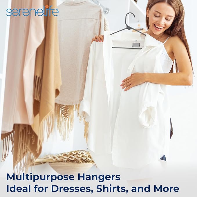 SereneLife Plastic Hangers 100 Pack - Space Saving Clothes Hanger - Durable & Strong Closet Organizers and Storage with Built-in Strap Hooks - Essential for Shirts, Pants, Skirts & Coats (Gray)