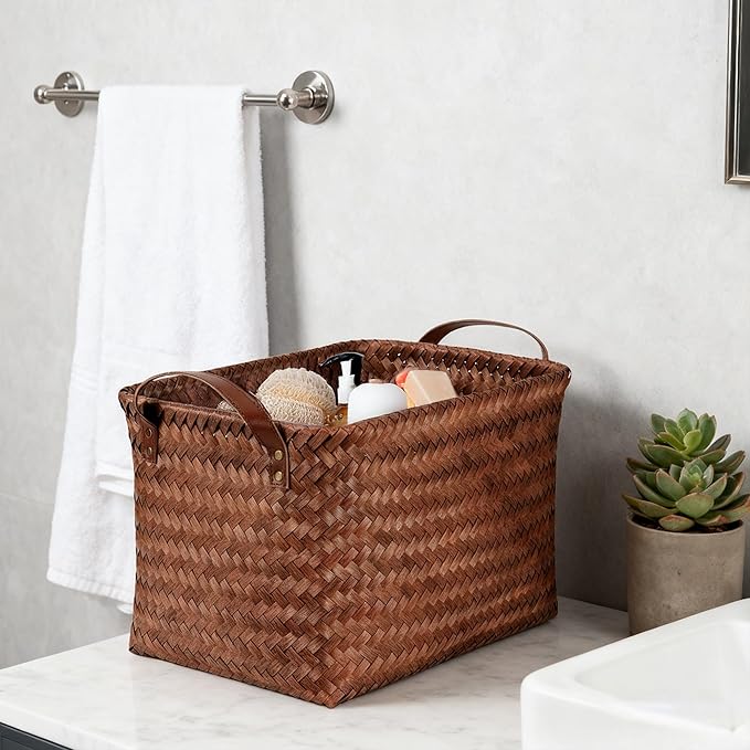 10pcs 15L Laundry Baskets Waterproof Storage Basket For Shelves Large Laundry Hamper With Leather Handle -Cube Organizer Woven Bins for Bathroom,Bedroom,Pantry,Clothes,Car Towels-Brown