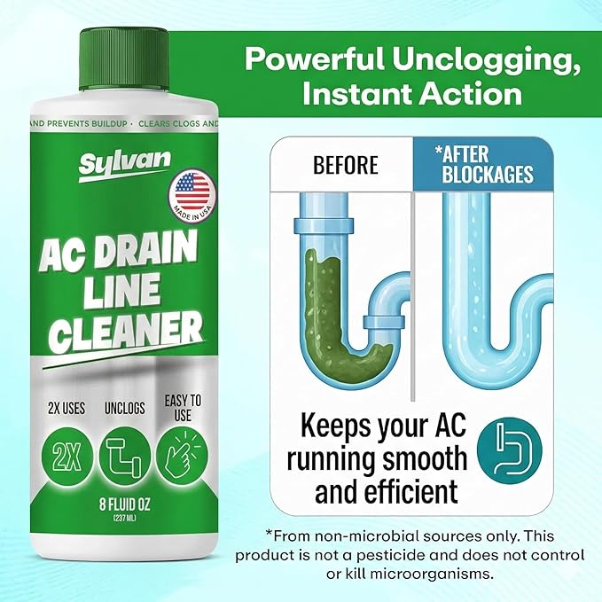 Sylvan AC Drain Line Cleaner | 8 oz | Instant Relief | Made in USA | Universal Compatibility | Removes Clogs and Buildup from HVAC Condensate Lines | Air Conditioner Unclogger
