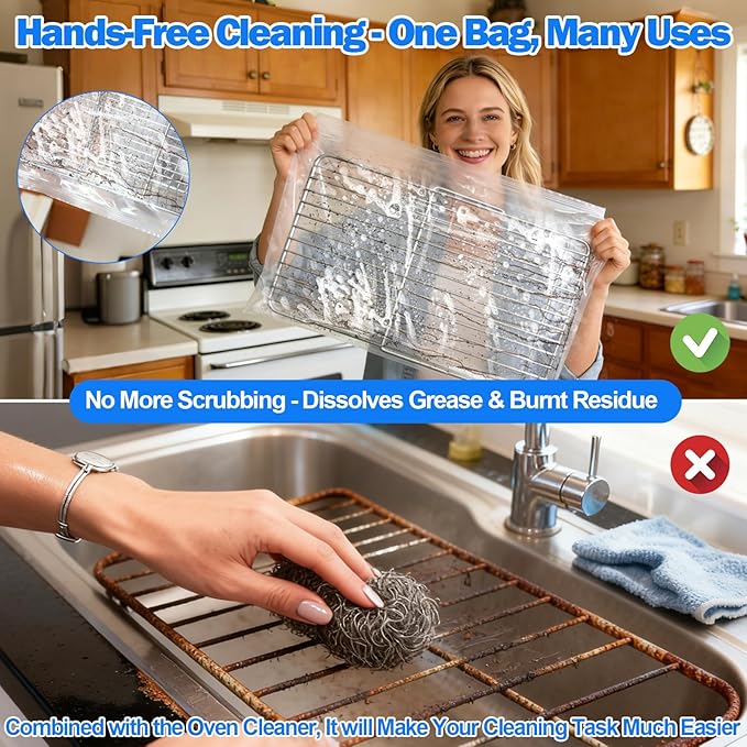 Palksky Oven Rack Cleaning Bags, 19.6 x 27.5 Inch Heavy Duty No-Scrub with Side Zipper Opening, Reusable Leak-Resistant PE for Deep Soaking Grill Grates & BBQ Racks, No Cleaner Included, 10 Pack