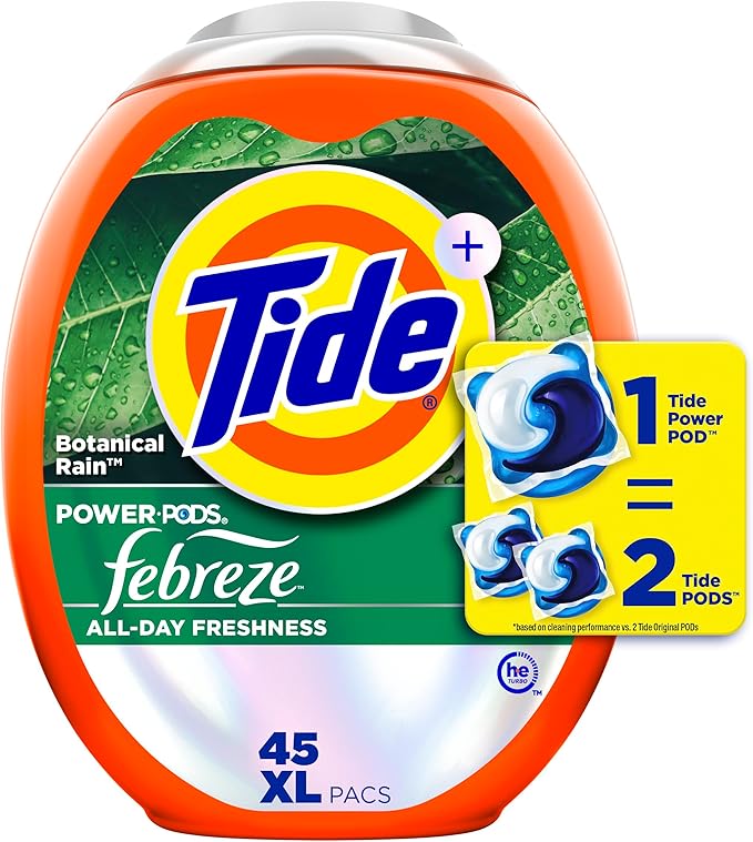 Tide Power Pods with Febreze Laundry Detergent Pacs, 45 Count, Botanical Rain Scent, All-Day Freshness