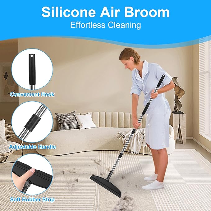 Broom with Dustpan Combo Set and Silicone Air Broom Kit, 51" Long Handle Floor Squeegee, Black Household Kit for Glass Window Rugs Pet Hair Home