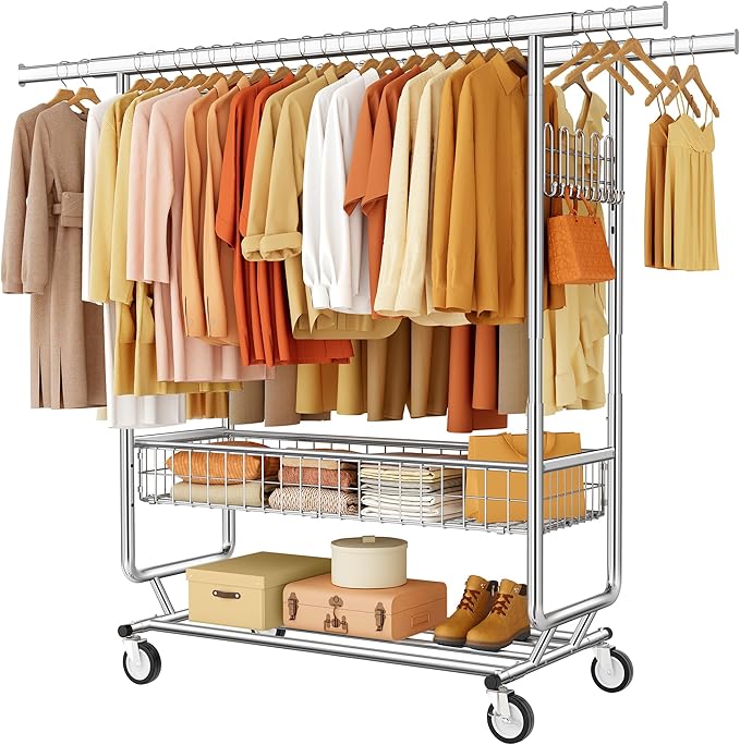 Gewudraw Heavy Duty Clothes Rack with Metal Basket, 1060 LBS Rolling Double Rod Garment Rack, Portable Extendable Clothing Rack with Wheel for Bedroom, Laundry Room & Retail Store