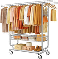 Gewudraw Heavy Duty Clothes Rack with Metal Basket, 1060 LBS Rolling Double Rod Garment Rack, Portable Extendable Clothing Rack with Wheel for Bedroom, Laundry Room & Retail Store