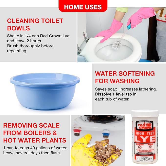 The Boyer Corporation Red Crown Lye for Soap Making, Sodium Hydroxide Pure High Test Food Grade Lye, Caustic Soda, Drain Cleaner and Clog Remover, 3 Pack 2.2 lbs.