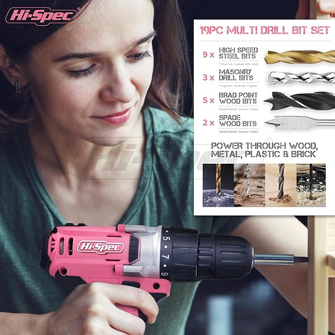 Hi-Spec Cordless Drill Tool Set: Pink Power Drill for Women used for DIY, Building and Fixing Tasks Easy to use All In One Set in Pink Color Stored in a Case 81 Pieces