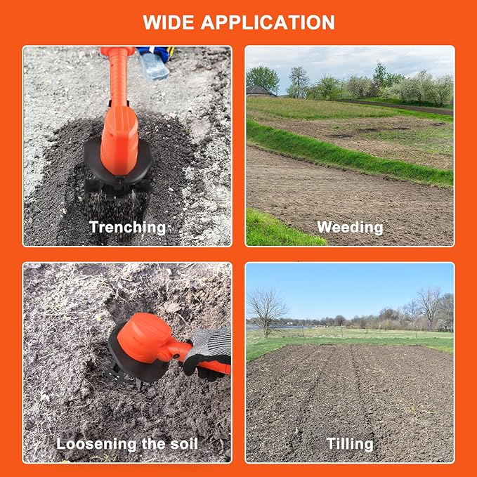 24V Cordless Tiller Cultivator, 4-Inch Tilling Width and Depth, Handheld with Extension Rod, 235 RPM Electric Garden Tiller, Lightweight 1.2kg Body, 2 × 1.5Ah Batteries & Charger.