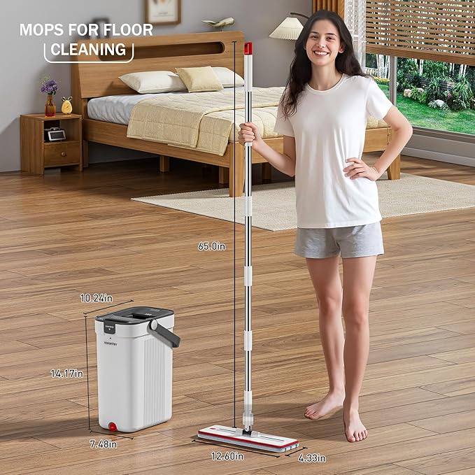 Mop and Bucket Set, 3-Tank Flat Mop and Bucket System for Separate Dirty & Clean Water, 65" Mops for Floor Cleaning with 6 Washable Pads, Safe for Hardwood, Vinyl, Tile, Baseboards, Walls