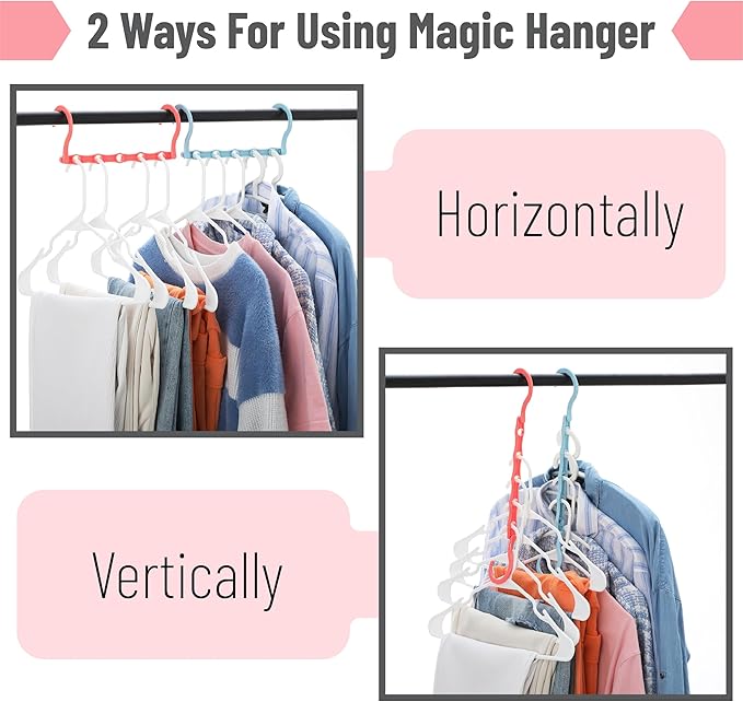 Mr. Pen- Space Saving Hangers for Clothes, 8 pcs, Playful Pop Colors, Plastic Multi Clothes Hangers Space Saving, 5 Slots, 360° Rotating Hooks