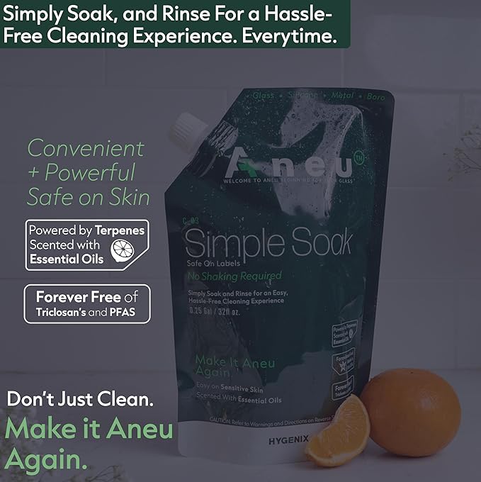 Aneu Simple Soak 32oz – Soak & Rinse Formula | Easily Dissolves Tough Resins & Grime | No Shaking Required | Cleans Glass, Silicone, Metal, & Borosilicate | 32oz - 1 Pack