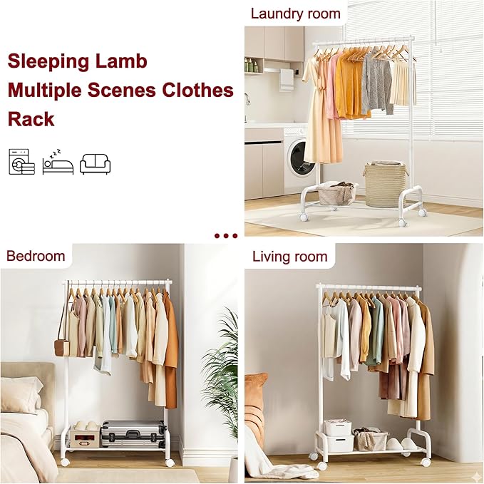 SLEEPING LAMB Heavy Duty Clothing Racks for Hanging Clothes, Small Rolling Clothes Rack with Wheels, Sturdy Garment Wardrobe Rack for Bedroom, Laundry Room, White