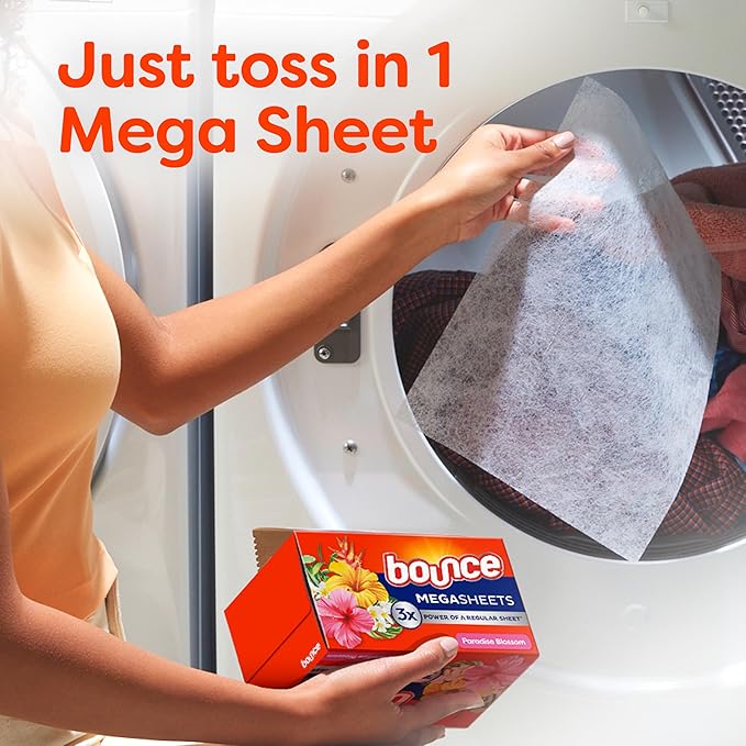 Bounce Mega Dryer Sheets, Paradise Blossom, 130 Count, Mega Fabric Softener Sheets with Static Control, Wrinkle Reduction, Extra Softness, Lasting Scent, Repels Lint