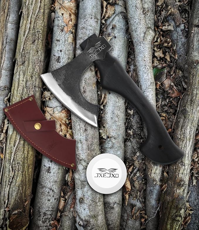 JXE JXO 13 Inch Hatchet, Camping Hatchet 1065 High Manganese Steel, Hickory Handle Tomahawk Axe with Leather Sheath