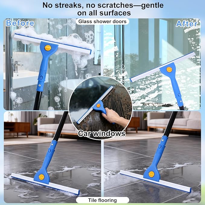 3-in-1 Professional Window Squeegee Kit with 2 Squeegee, 2 Microfiber Scrubber, 1 Razor Scraper, Thick Iron, 77.5" Window Squeegee with Extension Pole for Car, Glass, Mirror, Wall, Bathroom, Home, Van