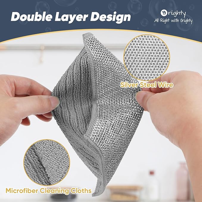 Orighty Multipurpose Wire Dishwashing Rag, 48 Pcs Upgraded Double-Layer Non-Scratch Wire Dish Cloths, Reusable Steel Scrubber Dishcloth Rags for Kitchen, Cookware, 7"x8", Grey