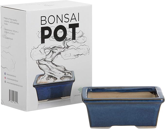Leaves and Soul Complete Bonsai Set - Small Blue Rectangle Bonsai Pot | 160ft of Bonsai Hobby Wire | Wire Cutter | Bonsai Soil | Bonsai Fertilizer | Storage Bag