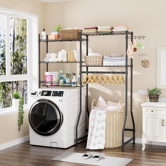 Golpart Over Washer and Dryer Shelves,Heavy Duty Laundry Room Storage Organization Clothes Drying Rack,5 Tier Adjustable Height Wire Shelving and Wire Basket with Hanger Rod&Hook,Space Saving Shelf | Heavy Duty, Clothes Drying Rack, Adjustable Height, ...