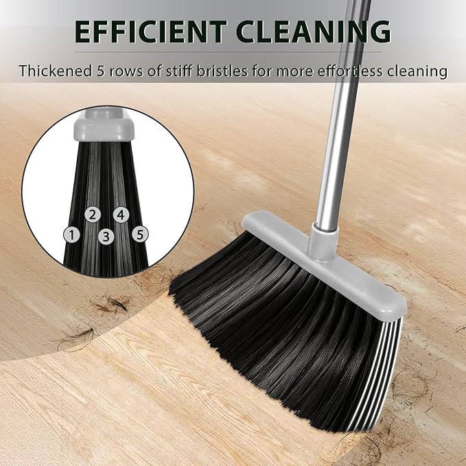 YZO Broom with Dustpan Combo Set, 54.33 Inch Long Handle Standing Design, Dustpan Front Rubber Tight Seal, Broom with 5 Layer Bristles, Suitable for Bedroom, Yard, Office and Apartment(Gray&Black)