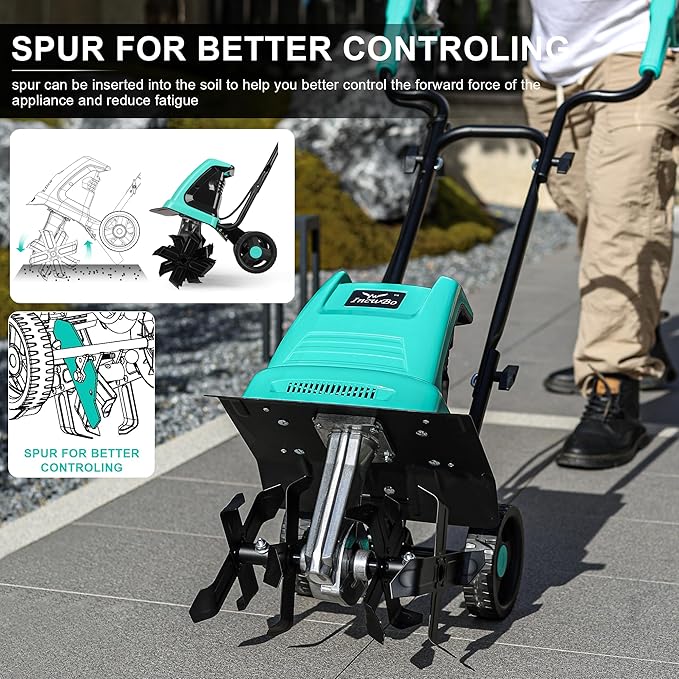 13.5 Amp 12 Inch Electric Tiller/Cultivator with 4 Steel Tines, 8'' Tilling Depth Small Garden Tiller for Gardening, Corded Rototiller with Adjustable Wheels