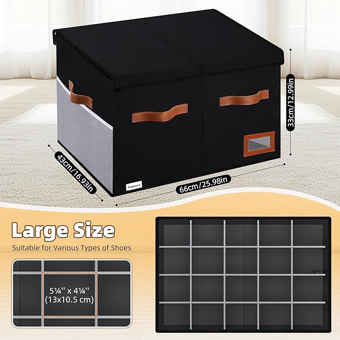 Supowin Shoe Organizer for Closet, Foldable Shoe Storage Bins with Lid & Adjustable Dividers, Fabric Shoe Box Storage Containers with Four Reinforced Handles, Fits 20 Pairs, 1 Pack, Black