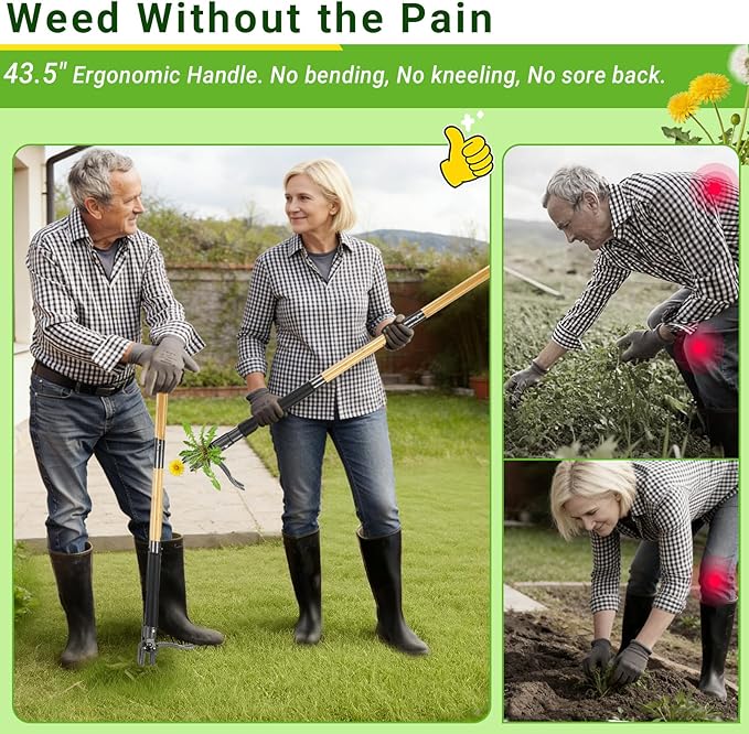 Weed Puller Tool, Heavy Duty Gardening Hand Tools with 4-Claw Steel Head & Dual-Eject Mechanism, 43.5" Bamboo Long Handle Stand Up Weeding Tool for Lawn Yard, Includes 16 Gallon Leaf Bag