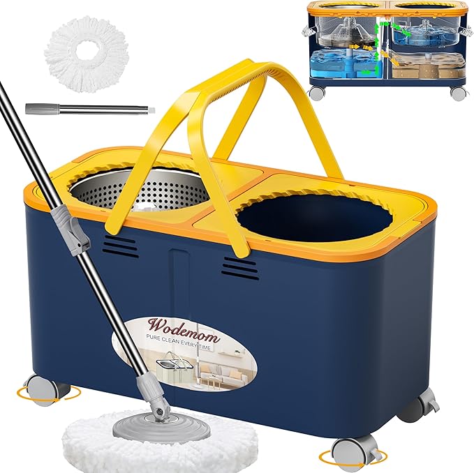 Compact Spin Mop and Bucket with Clean & Dirty Water System, Floor Mop with 360° Swivel Wheels, 61" Handle, 1 Reusable Mop Heads for for Wood, Tile, Vinyl, Baseboards- Blue/Yellow