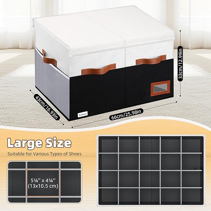 Supowin Shoe Organizer for Closet, Foldable Shoe Storage Bins with Lid & Adjustable Dividers, Fabric Shoe Box Storage Containers with Four Reinforced Handles, Fits 20 Pairs, 1 Pack, Black & White