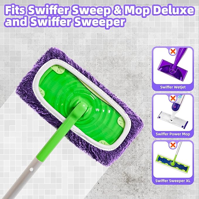 Reusable Mop Pads Compatible with Swiffer Sweeper Mop, Microfiber Wet Pads Refill & Machine Washable Dry Sweeping Cloths for Use on All Sealed Floors - Stone, Hardwood, Laminate & Tile (6 Purple)