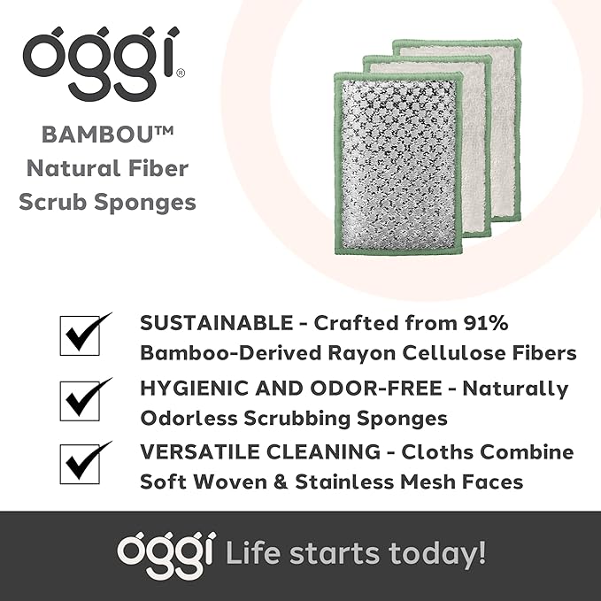 OGGI Bambou Odor-Free Scrubbing Sponges - Natural Scrub Sponges for Dishes, 91% Bamboo-Derived Rayon Cellulose Fiber, Reusable, Absorbent, Durable Scrubbers, Non-Scratch, Washable - 3 pcs, 7x4