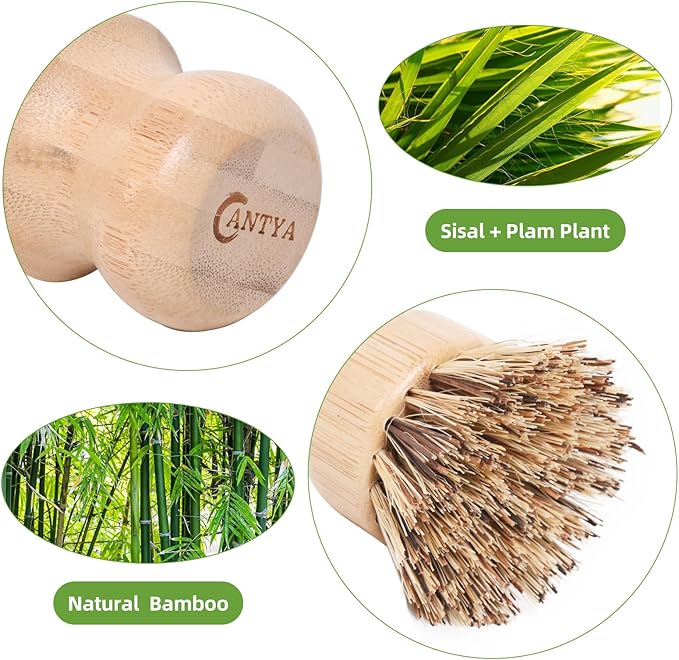 6 Packs Bamboo Dish Brush - Bamboo Wok Brush, Natural Union Fiber and Tampico Fiber Bamboo Scrub Brushr for Washing Cast Iron Pan/Pot(Hard Bristle)