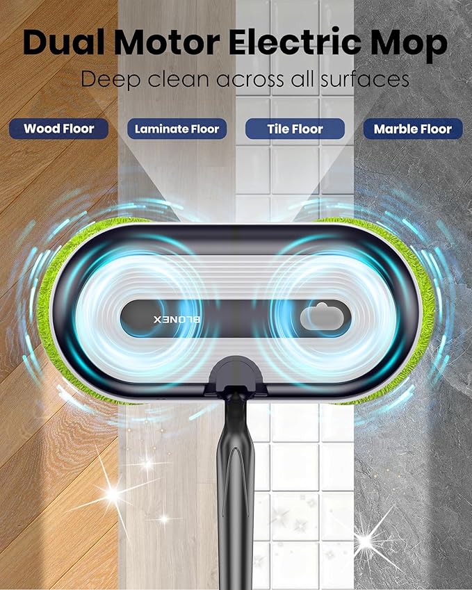 Cordless Electric Mop, Electric Spin Floor Mop with LED Headlights & Water Sprayer, Long-Lasting Battery, Large 290ml Tank, Self-Propelled Floor Cleaner with Adjustable Tube for All Floors
