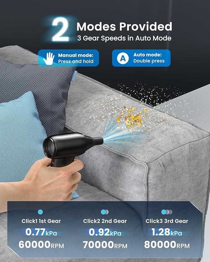 iDOO Compressed Air Duster, Cordless Electric Canned Duster, Portable Vacuum, 3 Gear Mini Portable Jet Dry Air Blower, for Gaming Pc, Keyboard, Car Cleaning, Outdoors-Dust Blowing & Vacuuming(Black)