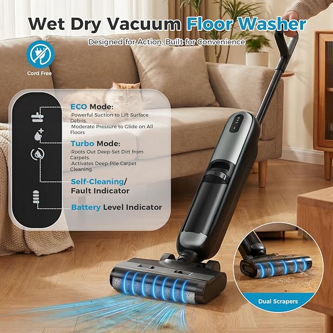 OLIXIS Wet Dry Vacuum Cleaner, Cordless All-in-One Vac Mops, Vacuum Mop with Self-Cleaning System, Dual Water Tank Design, Tangle-Free Brush, Dual-Edge Cleaning, 35-Min Runtime