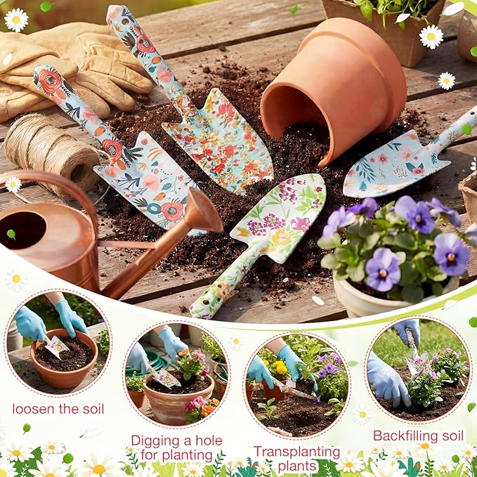 24 Pcs Floral Garden Shovels Bulk Gardening Gift for Women Heavy Duty Garden Tools Floral Hand Shovel for Mom Employees Birthday Thank You Gifts (Green Flowers)