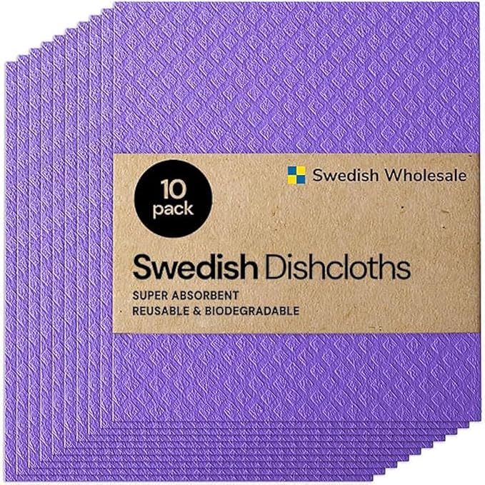 Swedish Wholesale Dishcloths Reusable 8" x 7" Sponge Cloths, Bulk 10 Pack of High Absorbent Cellulose Dish & Kitchen Cleaning Hand Towels, Wring to Dry & Machine Wash, Odor Resistant, Purple