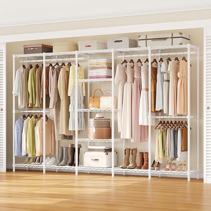 ONBRILL F5 Extra Large Industrial Pipe Clothing Rack, Freestanding Portable Closet Organizer System with Shelves & Hanging Rods, 88.6'' Wide Heavt Duty Clothes Rack, Max Load 1300lbs, White
