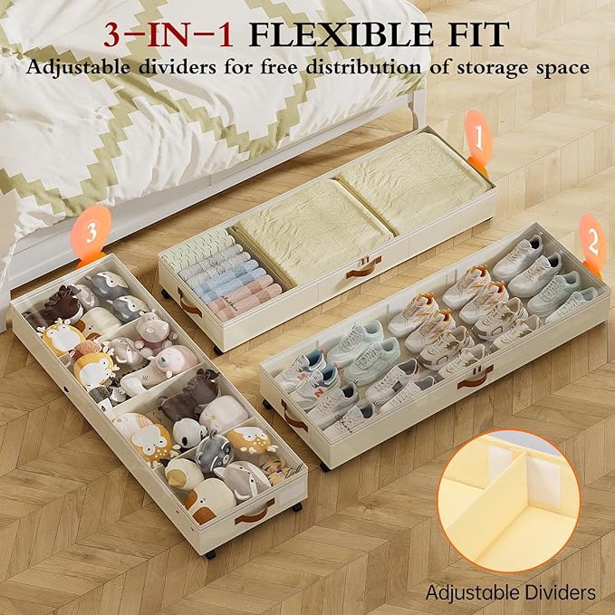 Yecaye Under Bed Storage with Wheels, 2 Pack Under Bed Storage Containers with Adjustable Dividers & Clear Window, 85L Rolling Underbed Organizer Bins Drawers for Clothes, Shoes, Blankets Toys, Beige